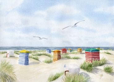 Poster DIN-A3 Aquarell Maritim Kunst Druck Kunstdruck Nordsee Insel Borkum Strandzelt Zelt Strandkorb Strand Meer Dünen